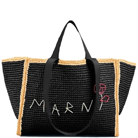 Marni Natural Macrame Sillo Medium Shopper, Black/Ivory/Black